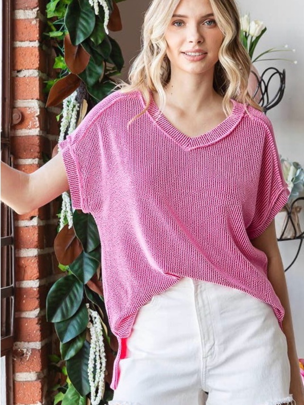 7th Ray Pink V-Neck Short Sleeve Lightweight Knit Tee